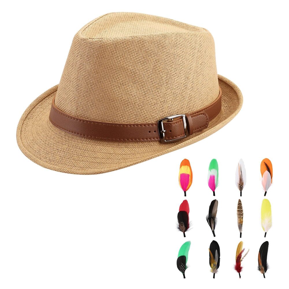 8094 Unisex Classic Panama Trilby Hats Bundle with 12 Pcs Hat Feathers